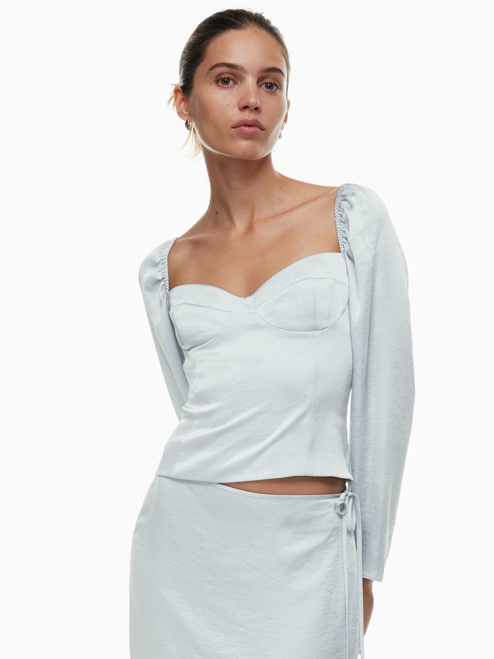 Wilfred Aritzia Novella Satin Light Blue Satin Long-Sleeve Bustier Top Sz L